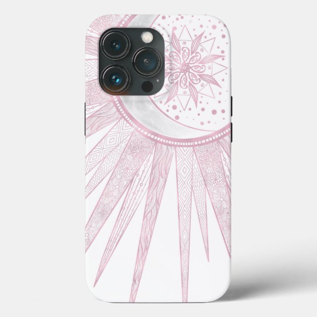 Elegantes rosa Sun Moon Doodle Mandala Weißes Desi Case-Mate iPhone Hülle (Rückseite)