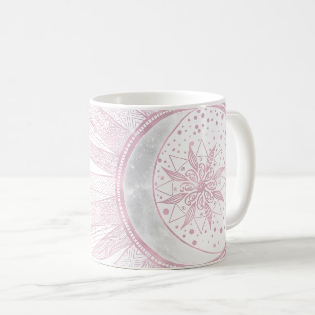 Elegantes rosa Sun Moon Doodle Mandala Weißes Desi Kaffeetasse (VorderseiteRechts)