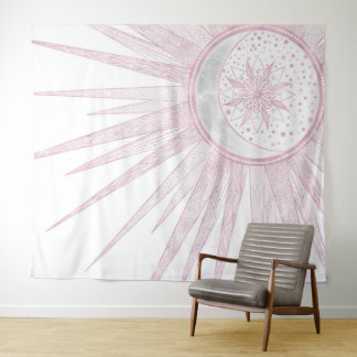 Elegantes rosa Sun Moon Doodle Mandala Weißes Desi Wandteppich