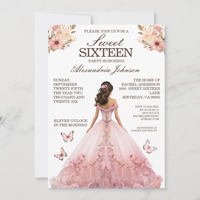 Elegantes Rosa Sweet 16 Extravagante Dress Einladu Einladung (Vorderseite)