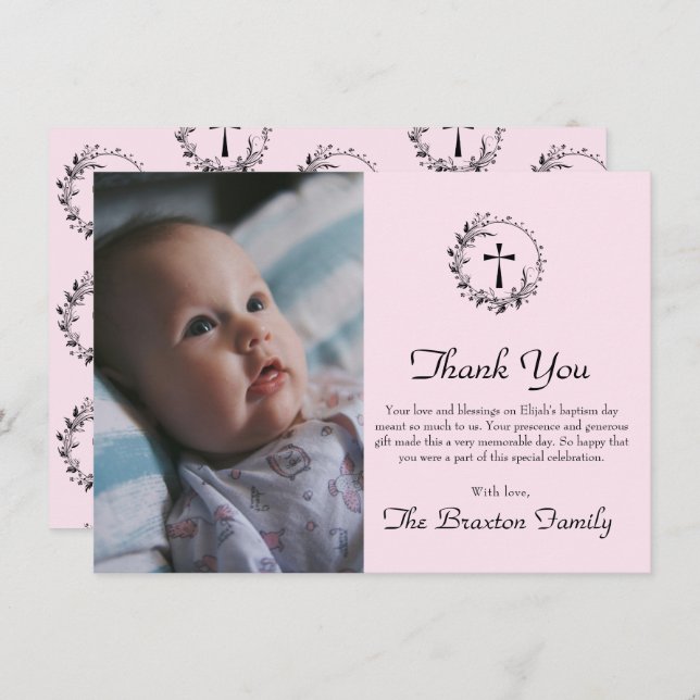 Elegantes rosa Taufe Baby Foto Danke Karte (Vorne/Hinten)