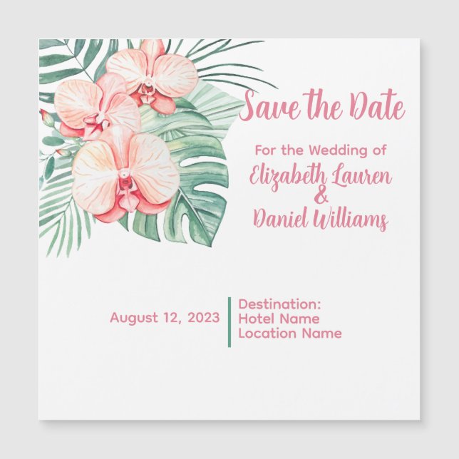 Elegantes Rosa Tropical Save the Date Magneteinladung (Vorderseite)