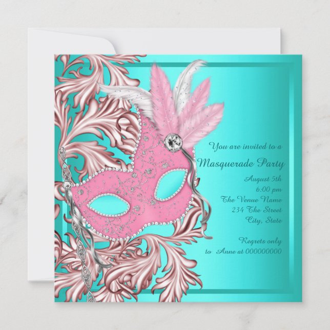 Elegantes rosa und Aquamarines blaues Masquerade P Einladung (Vorderseite)