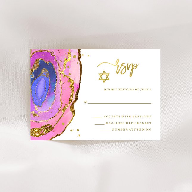 Elegantes Rosa und Blue Geode mit Gold Bat Mitzvah RSVP Karte (Von Creator hochgeladen)