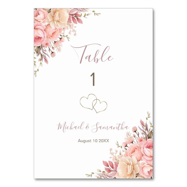 Elegantes Rosa und Elfenbeinblütenzeichen für Hoch Tischnummer (Vorderseite)