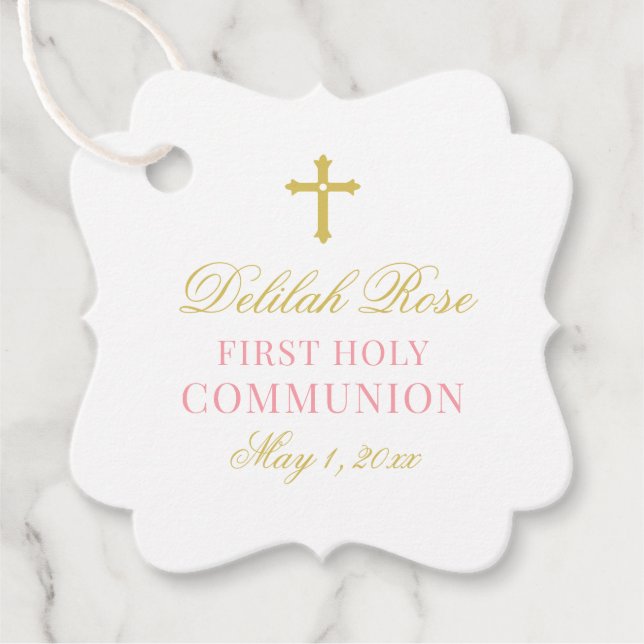Elegantes Rosa und Gold Erste Kommune für Mädchen Geschenkanhänger (Vorderseite)