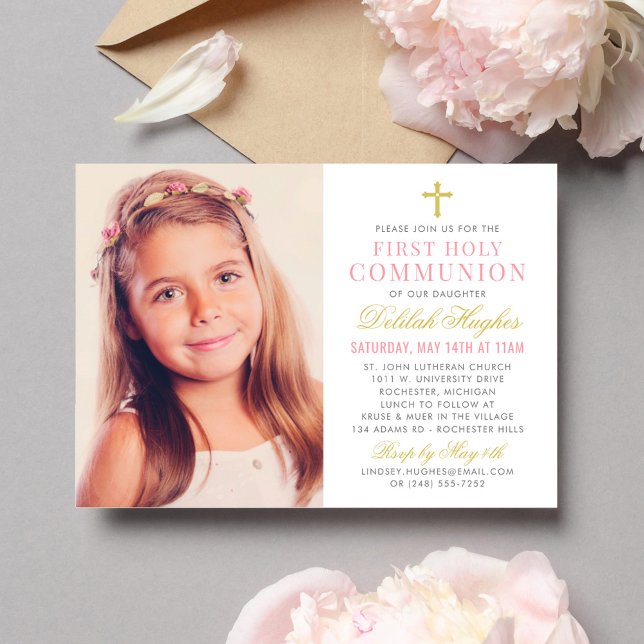 Elegantes Rosa und Gold First Communion Girl Foto Einladung (Von Creator hochgeladen)