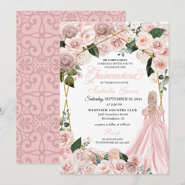 Elegantes Rosa und Gold Floral Quinceanera Inv Einladung (Vorne/Hinten)