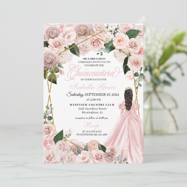 Elegantes Rosa und Gold Floral Quinceanera Inv Einladung (Stehend Vorderseite)