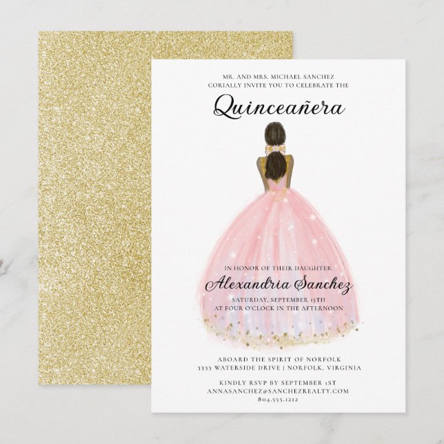 Elegantes Rosa und Gold Glitzer Quinceanera Einladung (Vorne/Hinten)