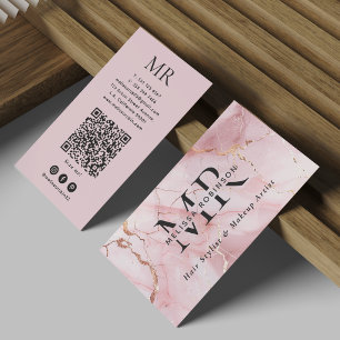 Elegantes Rosa und Gold Marmor Monogramm und QR-Co Visitenkarte