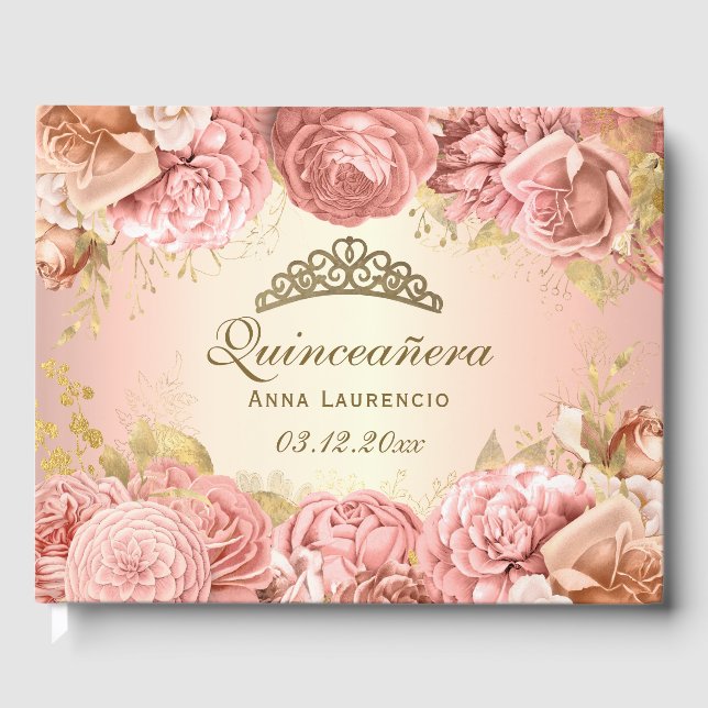 Elegantes Rosa und Gold Quinceanera Custom Gästebuch (Vorderseite)