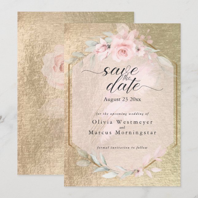 Elegantes Rosa und Gold Save the Date Einladung (Vorne/Hinten)
