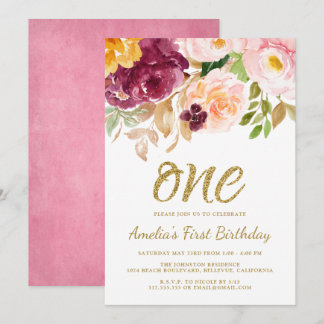 Elegantes Rosa und Goldflora 1. Geburtstag Party Einladung