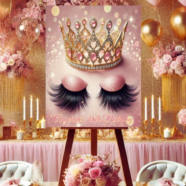 Elegantes Rosa und Goldkrone Eyelashes Acrylschild (Celebrate in glam style with this luxe crown & lashes acrylic birthday sign!)