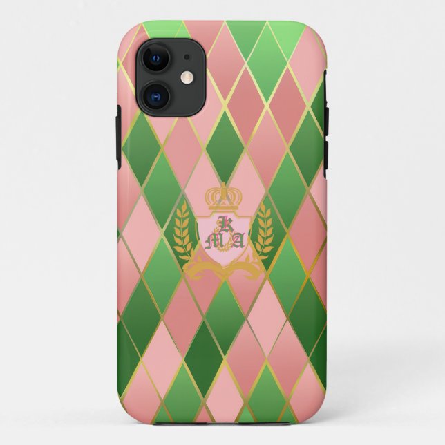 Elegantes Rosa und Grün Argyle Monogramm Muster Case-Mate iPhone Hülle (Rückseite)