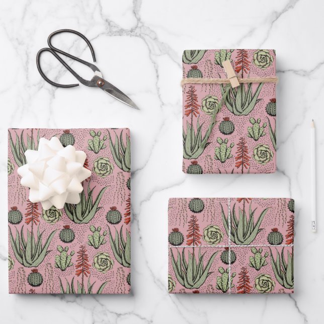 Elegantes rosa und grüne Blume Muster floral Geschenkpapier Set (Vorderseite)