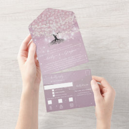 Elegantes Rosa und Lila Heart Leaf Tree Wedding All In One Einladung