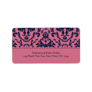 Elegantes, rosa und schwarzes Damassotel Adressaufkleber