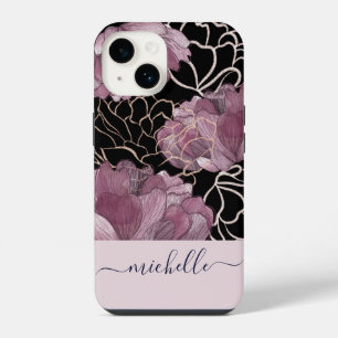 Elegantes rosa und schwarzes florales Monogramm iPhone 14 Hülle