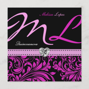 Elegantes Rosa und schwarzes Quinceanera Einladung
