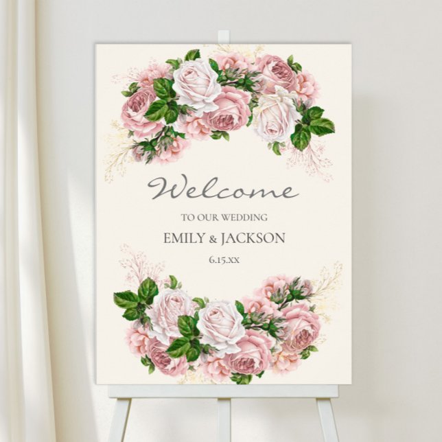 Elegantes Rosa Vintage Blüte auf Cremehochzeit Poster (Blush pink vintage floral wedding welcome sign)