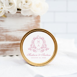 Elegantes Rosa Wappen Monogram Wedding Runder Aufkleber