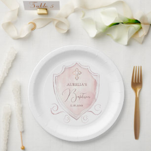 Elegantes rosa Wappen Taufe Pappteller
