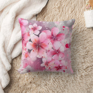 Elegantes rosa Wasserfarbe Blumenmuster auf Grau Kissen