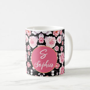 Elegantes rosa Wasserfarben-Blumenmonogramm-Name Kaffeetasse