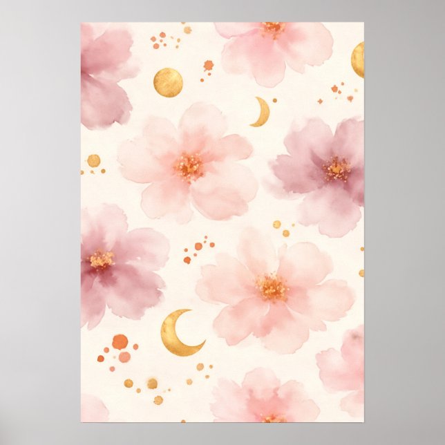 Elegantes rosa Wasserfarben-Blumenmuster Poster (Vorne)