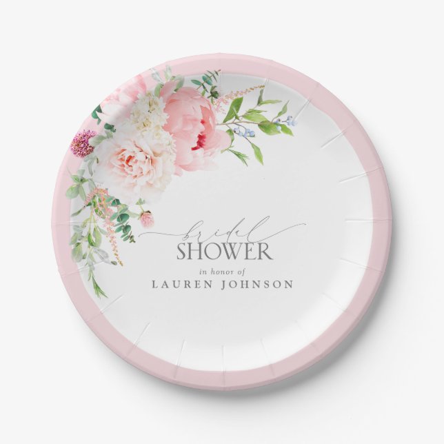 Elegantes Rosa Wasserfarben Florales Brautbad Pappteller (Vorderseite)
