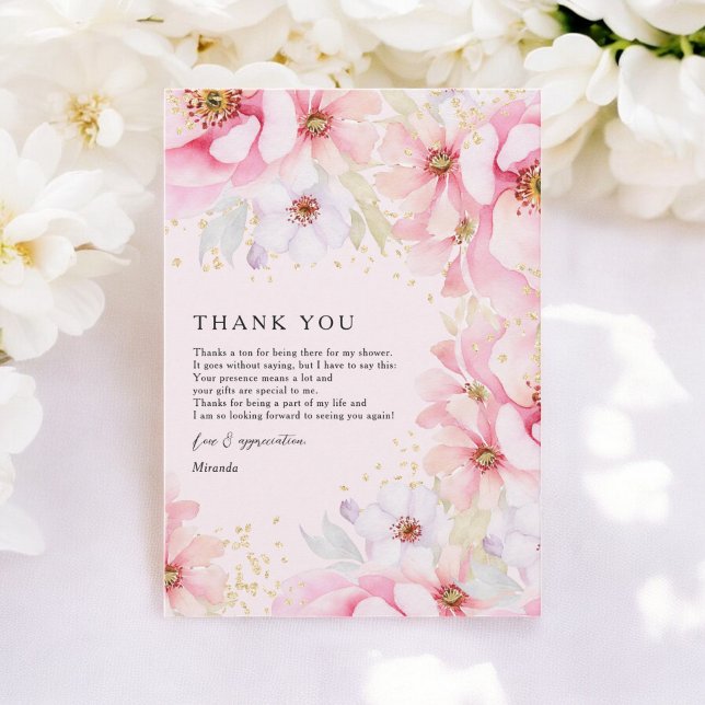 Elegantes rosa Wasserfarben Gold Brautparty Dankeskarte (Elegant Pink Watercolor Gold Floral Bridal Shower Thank You Card)