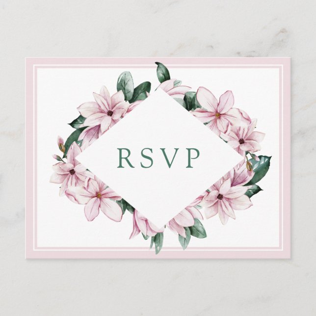 Elegantes rosa Watercolor Magnolia Wedding RSVP Postkarte (Vorderseite)