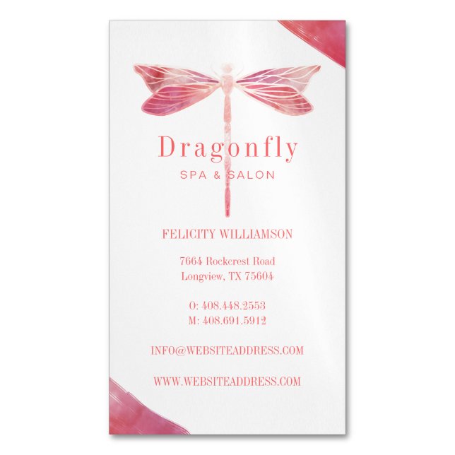 Elegantes Rosa Watercolor Wash Dragonfly Logo Magnetische Visitenkarte (Vorderseite Vertikal)