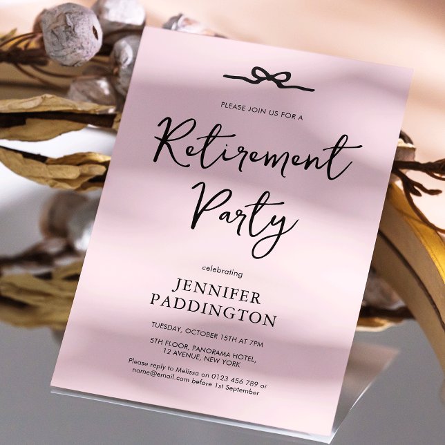 Elegantes Rosa Weibliches Party Einladung (Feminine blush pink and black bow retirement party invitation with fully editable text and colors)
