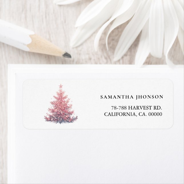 Elegantes rosa Weihnachtsbaum-Rücksendeetikett (Insitu)