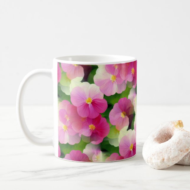 Elegantes rosa-weiße Eingeweihte Blume-Muster Kaffeetasse (Mit Donut)