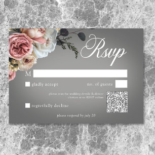 Elegantes Rosa Weiße Rose Grau Wedding QR RSVP Karte