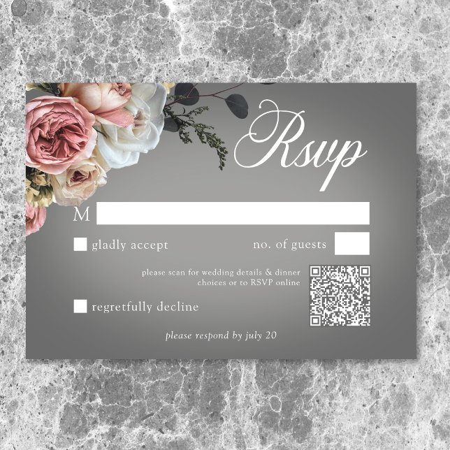 Elegantes Rosa Weiße Rose Grau Wedding QR RSVP Karte (Elegant Pink White Floral Rose Gray Wedding QR Code RSVP Card)