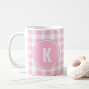 Elegantes rosa-weißes Gingham-Muster-Monogramm Kaffeetasse
