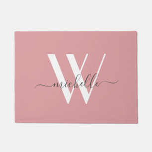 Elegantes, rosa, weißes Monogramm Name-Script Fußmatte