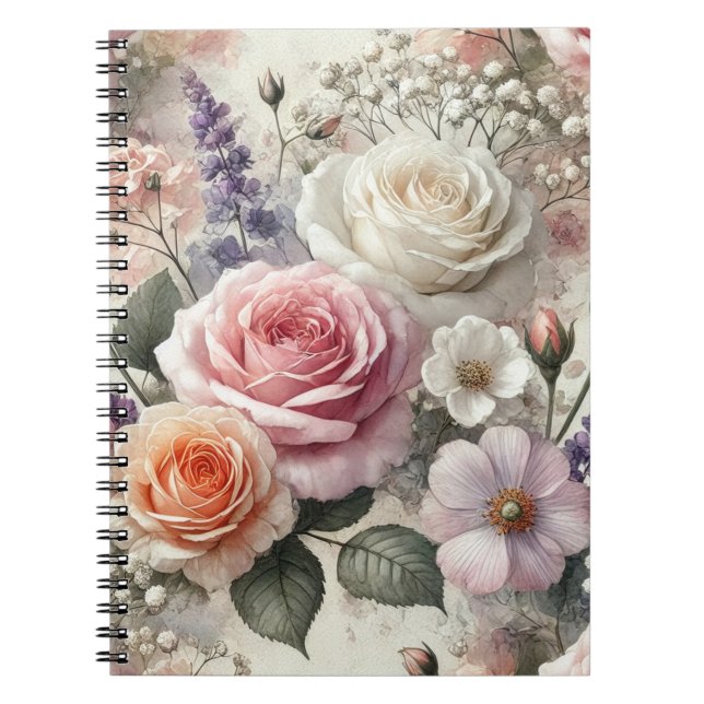 Elegantes rosa-weißes Rosenmuster Spiralnotizbuch Notizblock (Vorderseite)