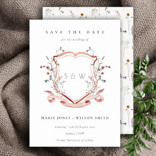 Elegantes rosa Wildblume Monogram Aquarell Wappen Save The Date