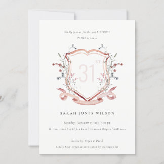 Elegantes rosa Wildblume Monogram Wappen Geburtsta Einladung