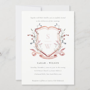 Elegantes Rosa Wildblume Monogram Wappen Wedding Einladung