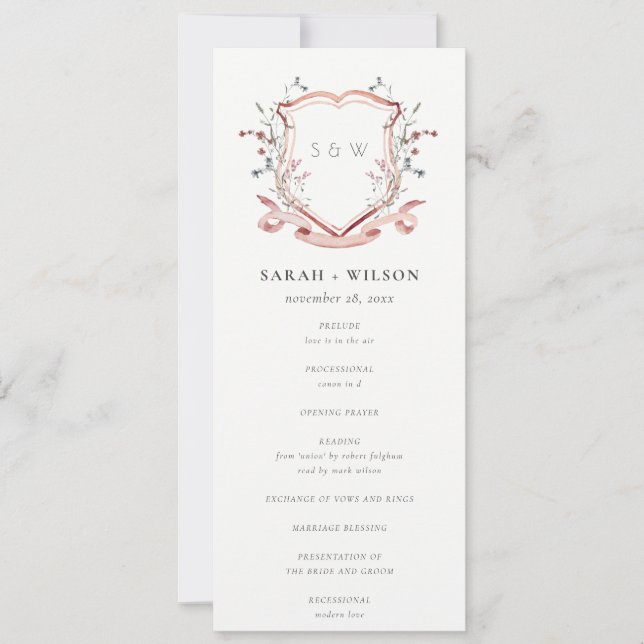 Elegantes Rosa Wildblume Wappen Hochzeitsprogramm Einladung (Vorderseite)