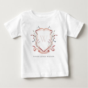 Elegantes rosa Wildblume Wasserfarben Wappen Monog Baby T-shirt