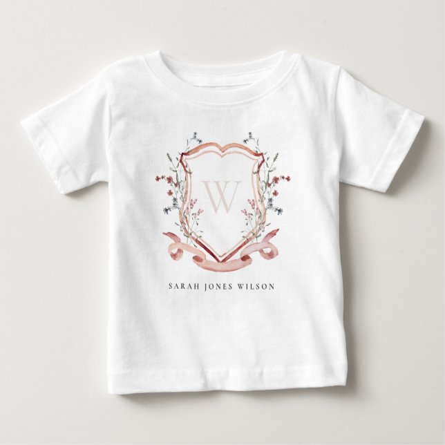 Elegantes rosa Wildblume Wasserfarben Wappen Monog Baby T-shirt (Vorderseite)