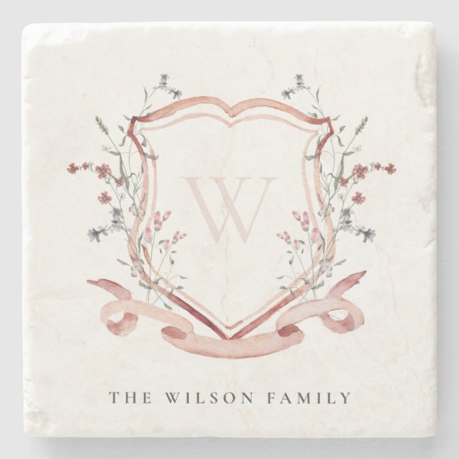 Elegantes rosa Wildblume Wasserfarben Wappen Monog Steinuntersetzer (Vorderseite)